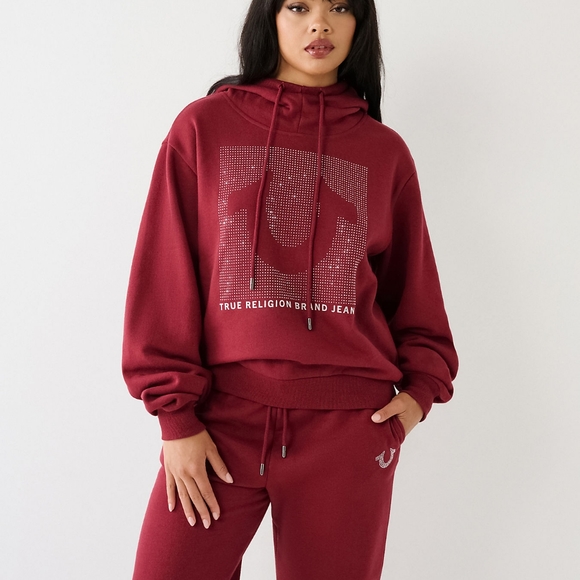 ❤️‍🔥❤️‍🔥TRUE RELIGION CRYSTAL RELAXED HOODIE- CABERNET WOMEN'S SIZE LARGE - Picture 3 of 10